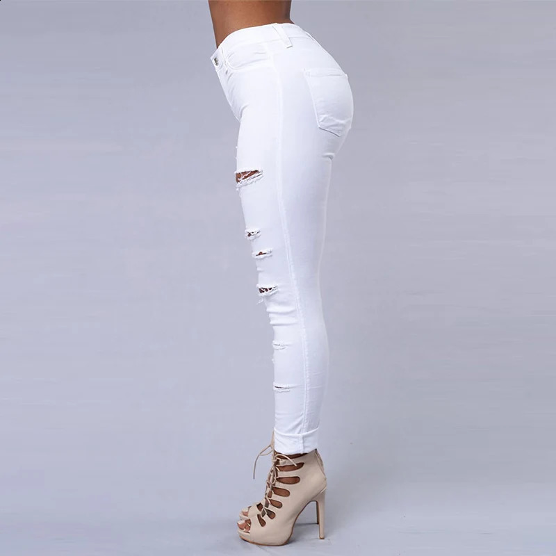 Sexy High Waist Ripped Womens Skinny Jeans Black White Hole Hip Package Bodycon Stretch Denim Pants Female Trendy Streetwear 250920 - view 4
