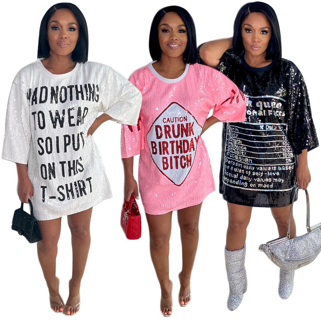 Streetwear Hip Hop Women's T-Shirt Loose Short Sleeved Round Neck Night Club Letter Sequined Top