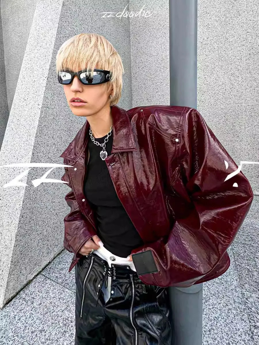 Lautaro Autumn Cool Short Oversized Pu Leather Jacket Women Shoulder Pads Zippper High Quality American Retro Punk Style Clothes 260618CJ - view 4