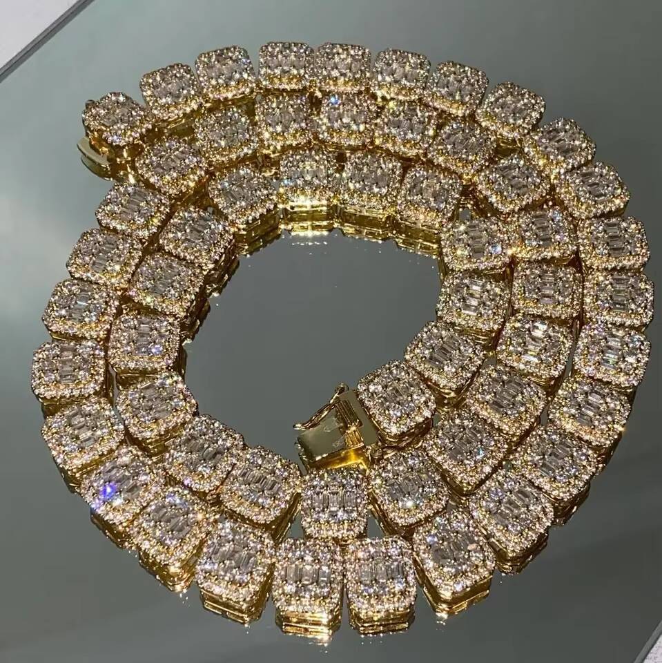 Fine Jewelry Necklace 12mm High Quality Sterling Silver Full Iced Baguette Mens Hip Hop Moissanite Tennis Chain Necklace