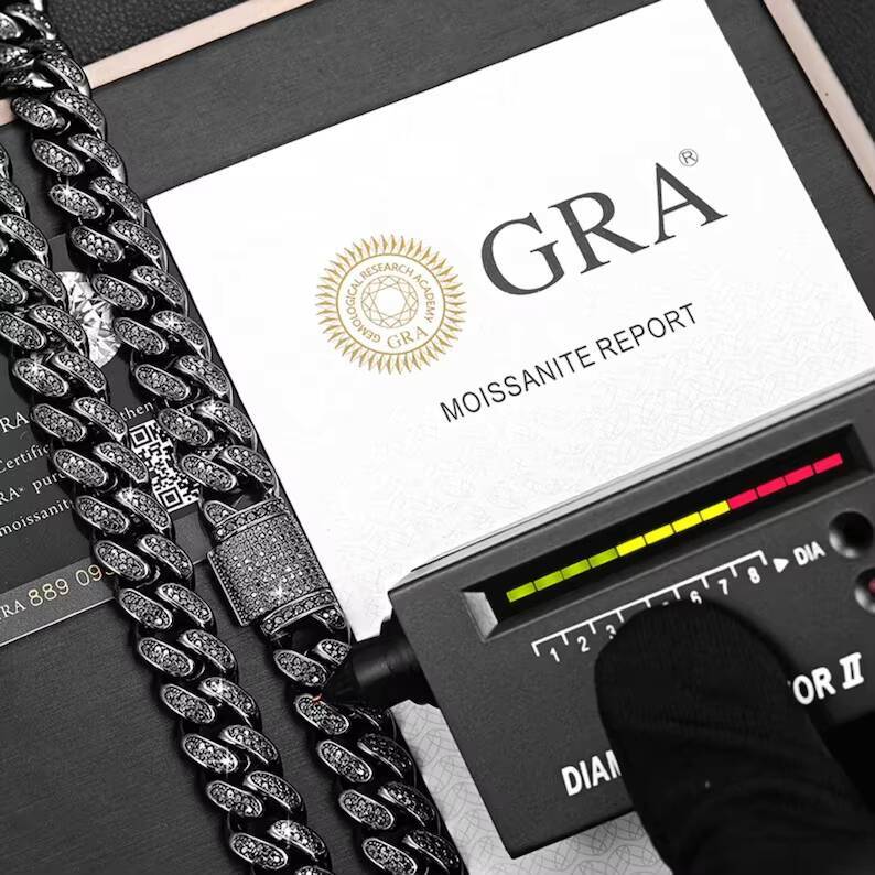 12mm Black Cuban Link Chain 925 Silver Hiphop Style Iced Out Men Necklace VVS Moissanite Cuban Chain