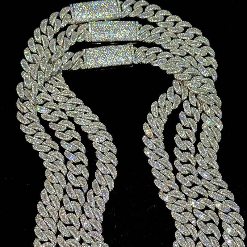 925 Silver VVS Moissanite Customized Trend Rangle Baguette Inlaid Iced Luxury Cuban Chain Necklace Mens Miami Style