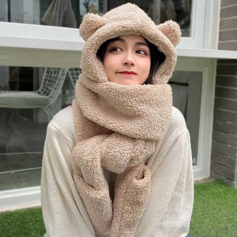 P ted bear hat scarf onepiece wens winter scarf cute winter versatile cycling warmth with p ear protection hood Y250920