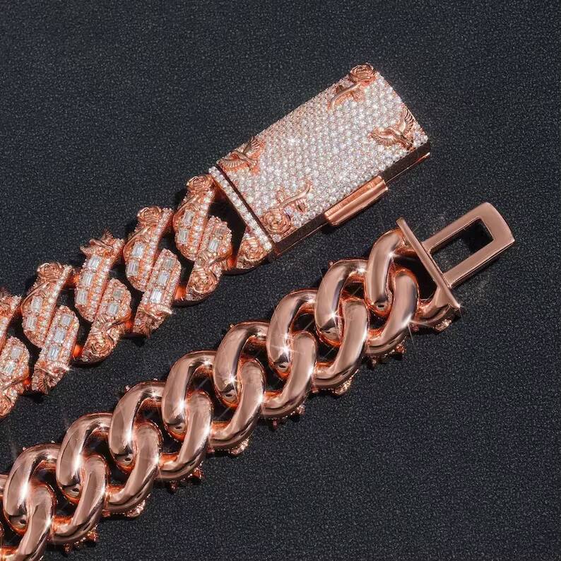 Iced Out Hiphop VVS Moissanite 20mm 925 Sterling Silver Baguette Stamped Customized Trend Cuban Link Chain