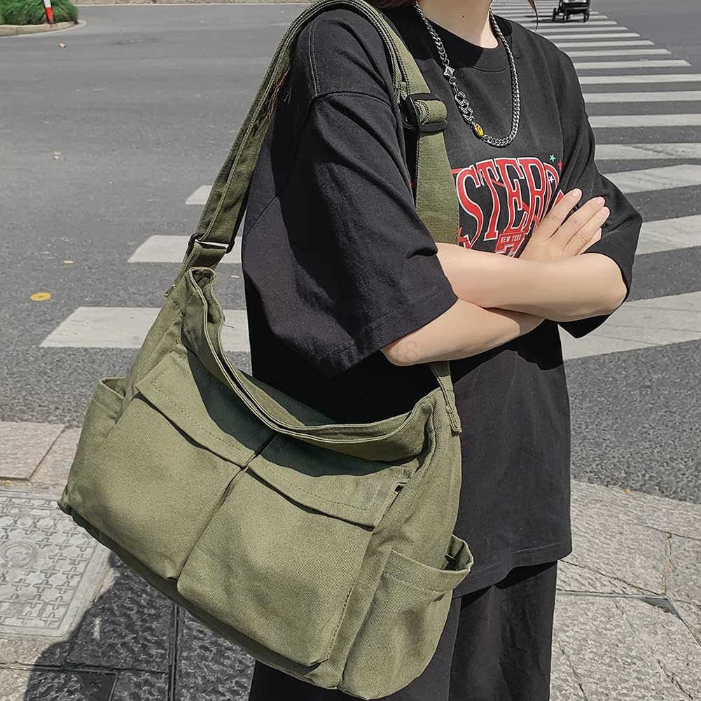 Canvas Crossbody Bag Messenger Cute Bag with Pins and Pendant for Women Girls Casual Shoulder Aesthetic School bagZ250920