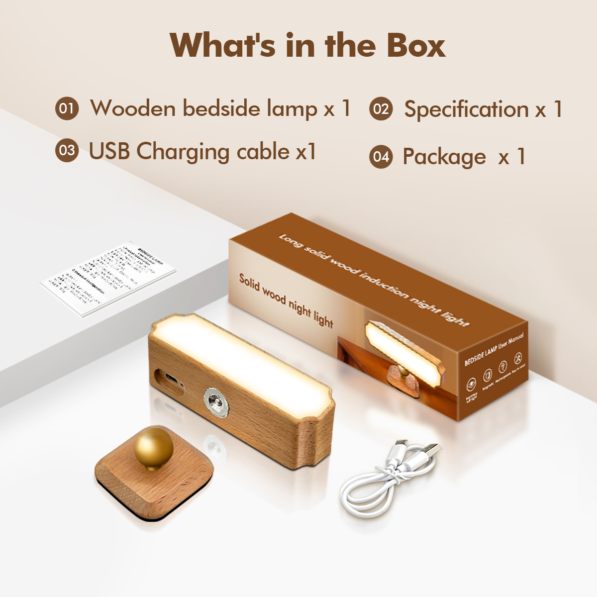 Solid Wood Night Light with Radar Sensor, Touch Control 3 Color Temperatures Dimmable USB Rechargeable Bedside Lamp for Bedroom Desk Nursery-HCP263