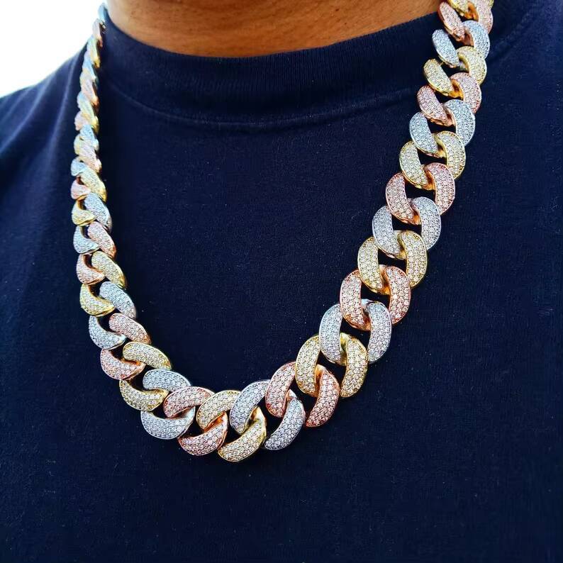 Customized Trend Iced Out VVS Hiphop 3 Color 18mm Miami Cuban Necklace 925 Sterling Silver Bling Cuban Chain