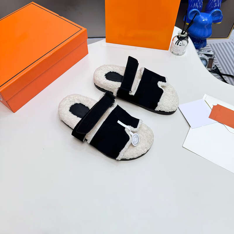 Women Wool Slippers Designer H slide Flat Sheepskin Slides Warm Fluffy Furry Sandal H shoes Comfortable Autumn Winter Home Sandals Furs Slipper heermessandalwoman