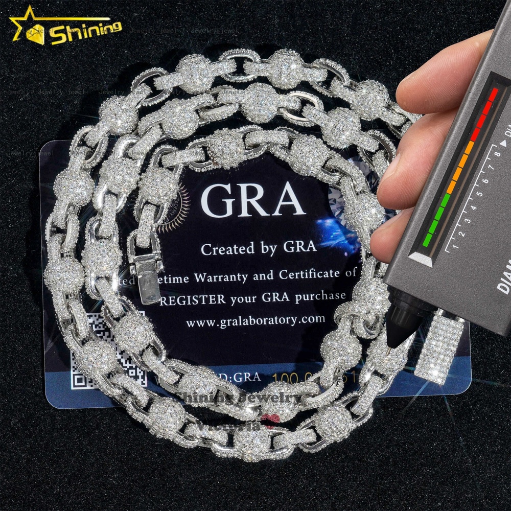 New Design Vvs Moissanite Rosary Ball Chain Hip Hop Rapper Jewelry Moissanite Chain Necklace 8mm