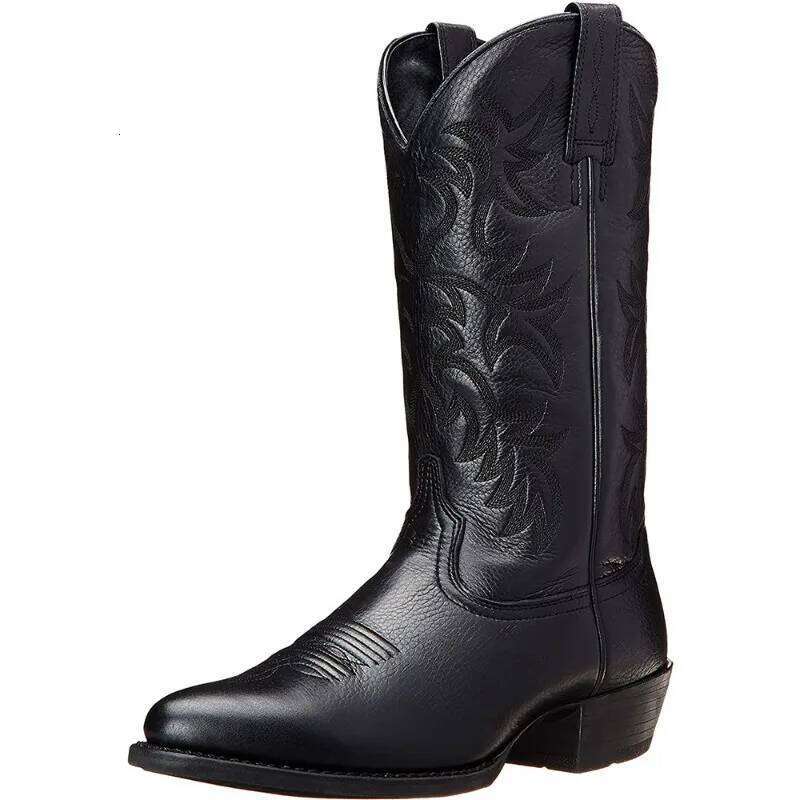 Men Handmade Leather Classics Embroidery Western Cowboy Boot Designer Pointed-toe Mid-calf Men's Knight Boots
