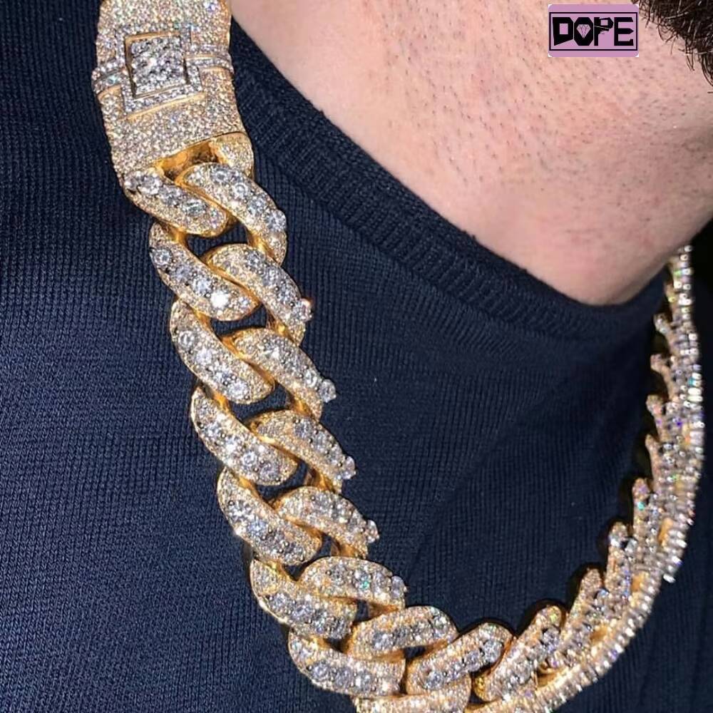 FaMoissaniteory 20mm 3 Rows Cuban Link Chain Raise Pointer Iced Out DVVS 925 Sterling Silver Moissanite Cuban Chain