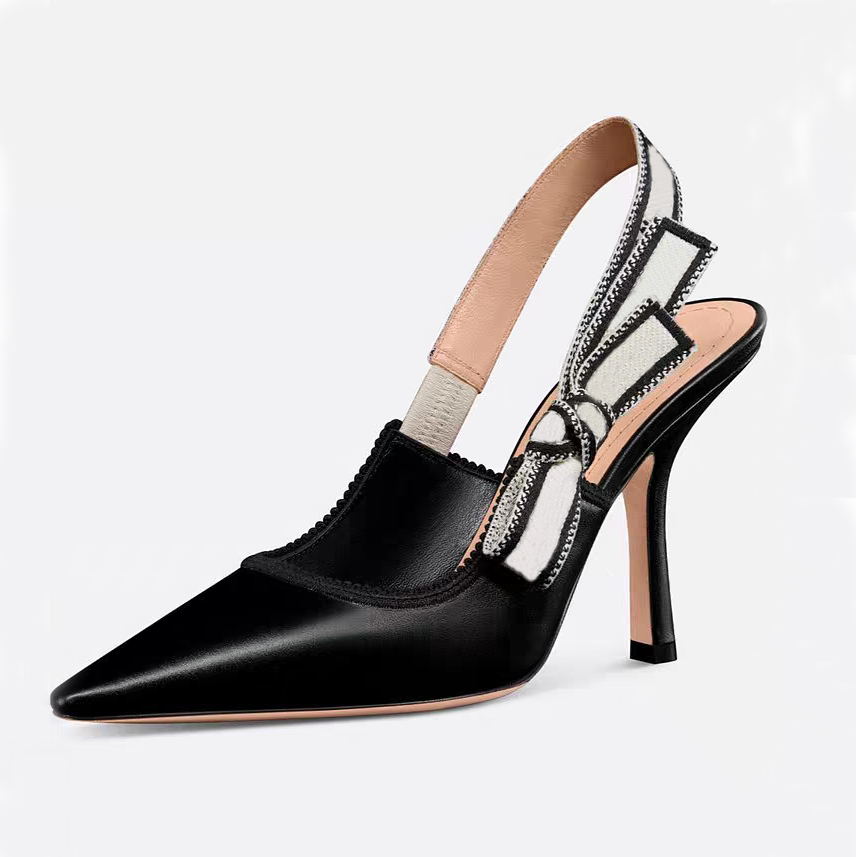 designer Sandals Slingback Pump 10cm Print Embroidered Cotton Crystal High heels two-tone embroidered ribbon embellished bow with comma heel Party Dress shoes