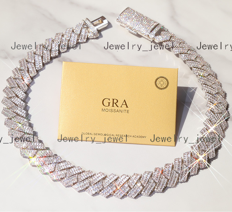Custom 20mm Cuban Link Chain S925 Silver with Vvs baguette Moissanite Bling Diamond Hip Hop Necklace for Mens Jewelry Cuban Link