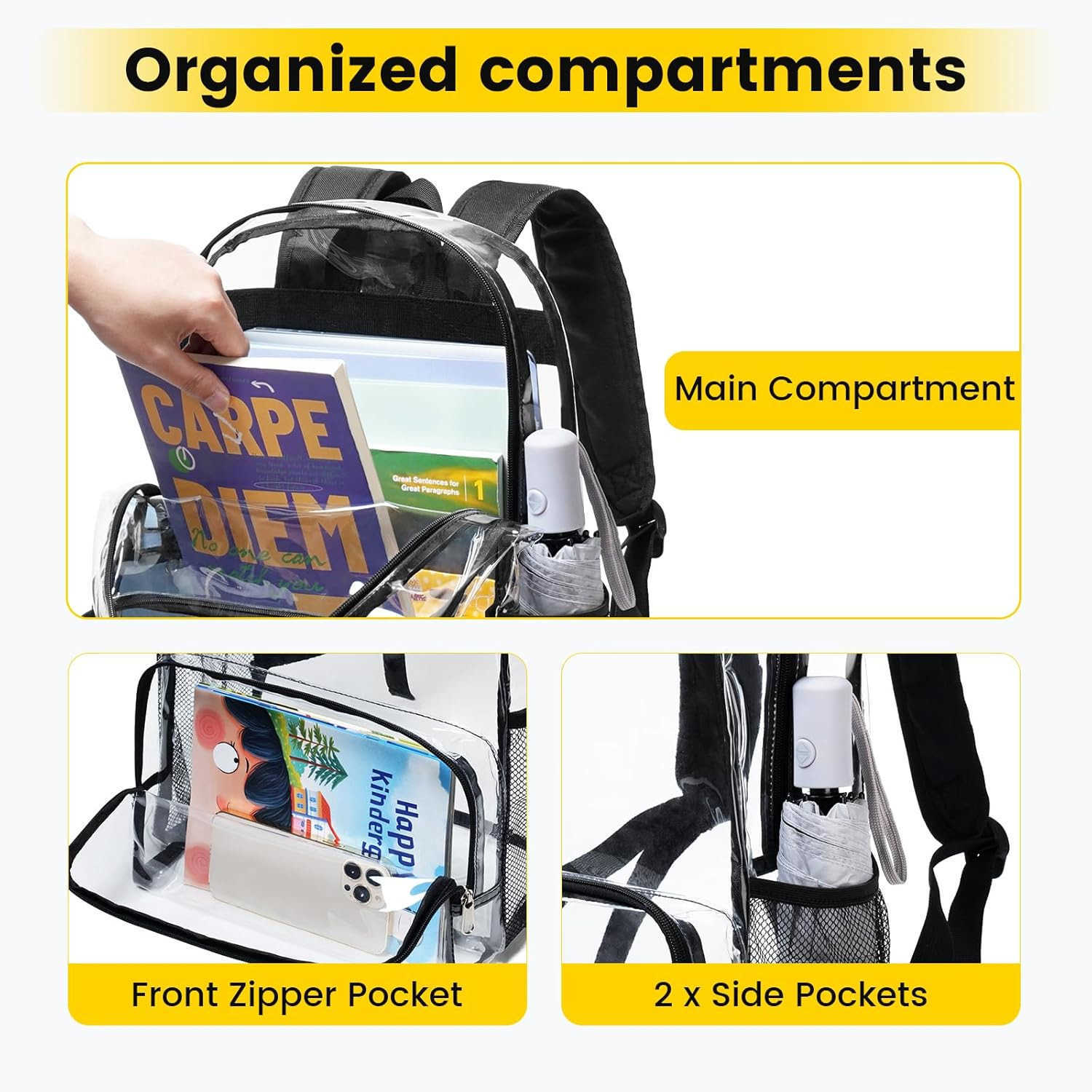 Vorspack Clear Backpack Heavy Duty Large Clear Backpacks for School See Through Bookbag for Girls Boys Transparent Bag for Work Concert College BlackZ