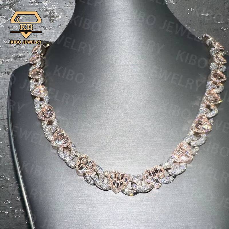 Hip Hop Chaine Jewelry VVS 925 Sterling Silver Rose White Gold Two Tones Plated 18mm Diamond Moissanite Heart Cuban Link Chain