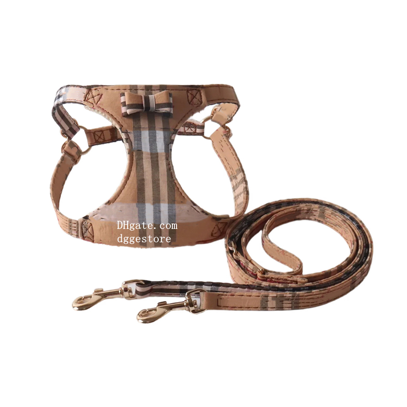 Designer Dog Harness with Bow and Multi-Functional Leash, Step in Soft Pet Harness, Adjustable Puppy Vest for Small Dogs Cats, No Choke Harness Vest Classic Plaid XXS B323