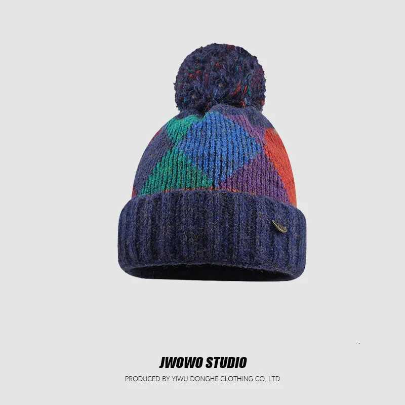 Retro Colorbl Diamondshed Woolen C for Wen Winter Thicke Colorf Pball Earprotecting Knitted Hats Y250920