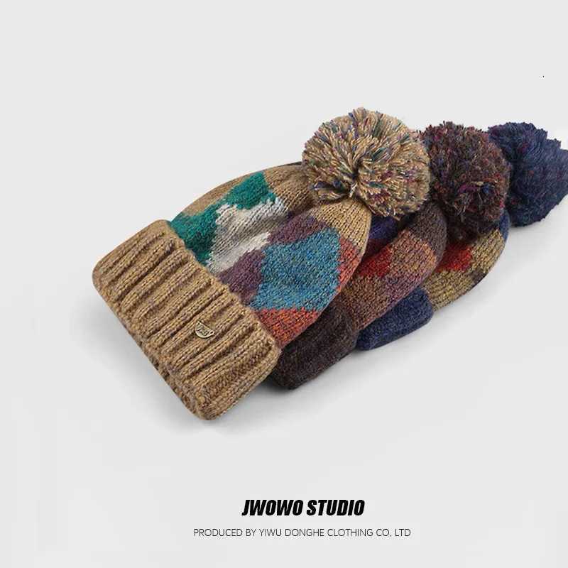 Retro Colorbl Diamondshed Woolen C for Wen Winter Thicke Colorf Pball Earprotecting Knitted Hats Y250920