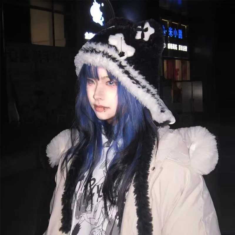 Wens Gothic Harajuku Punk Lolita Y2k Spicy Girls Subcture Bear Hat Cute Little Bone Cross Star Wings Wool Hats Y250920