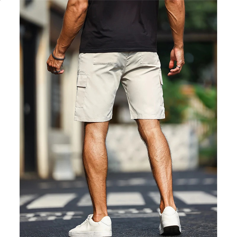 Mens Solid Color Cargo Shorts with Pockets Drawstring Waist Elastic Side Loose Fit Chino Summer Lightweight Trousers 250920