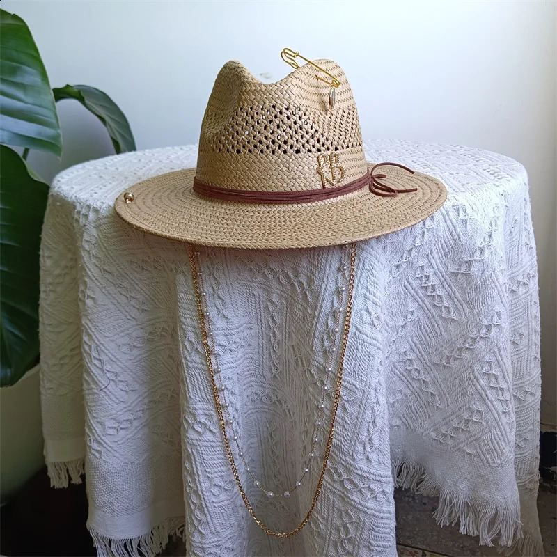 7cm straw hat Panama hollow pearl tassel series summer womens hat beach hat ladies summer trend Panama straw hat 250919