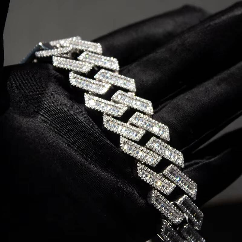 15mm Baguette Moissanite Iced Out Bling Diamond Cuban Link Chain Hip Hop Jewelry Cuban Necklace
