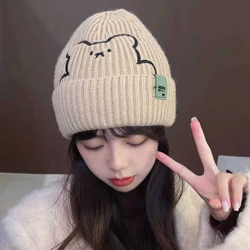 Wen Autumn Winter Warm Hat Cute Bear Embroidery Woolen Knitted Beanie Girl Solid Color Anticold Ear Protection Pr C Y250920
