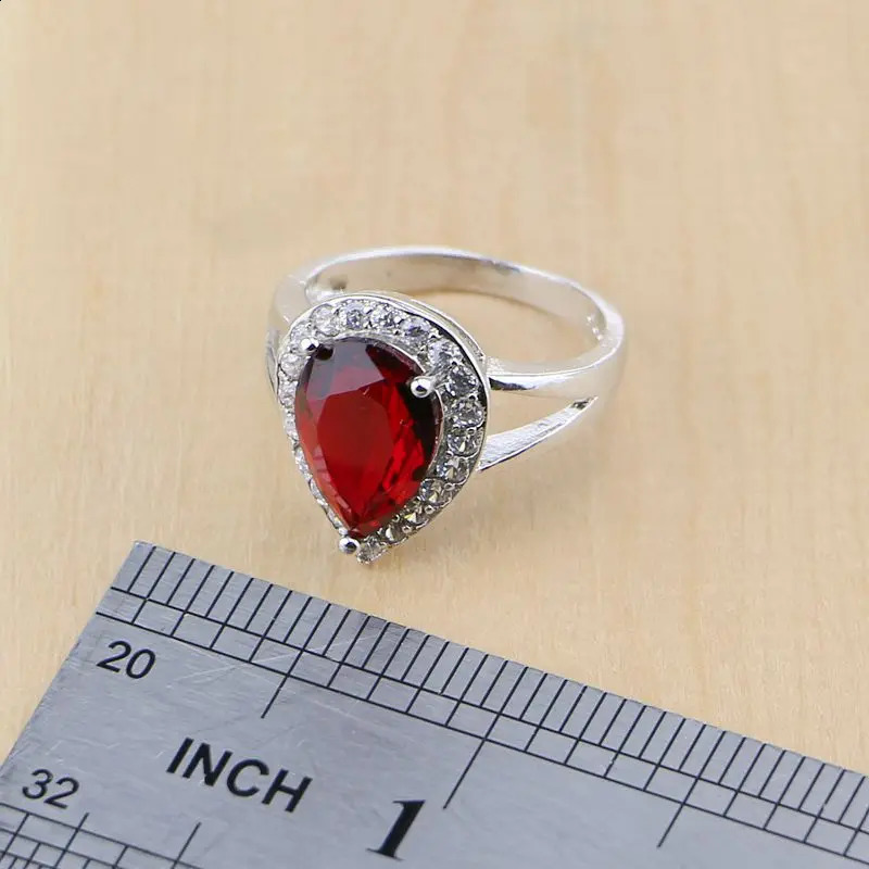 Water Drop Silver 925 Jewelry Red Ruby White Topaz Jewelry Sets Women Long EarringsPendantNecklaceRingsBracelet Drop 250920