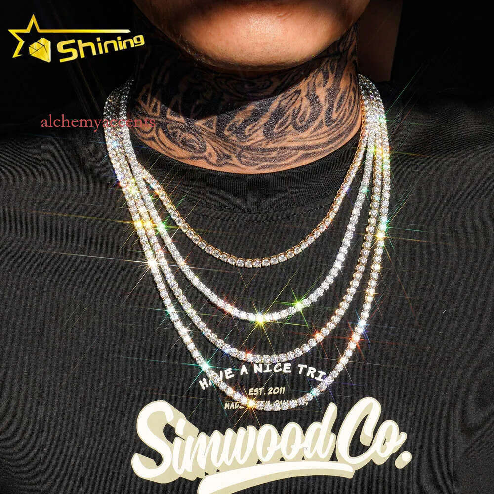 Tennis Chain moissanite chain GRA Certificated 10K 14K Real Solid Gold 3MM 4MM Jewelry Necklace For Men Women