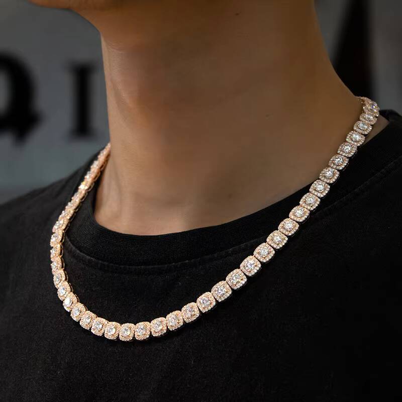8MM Bust Down Mossanite Rose Gold Plated Chain Necklace 925 Silver Moissanite Iced Out Tennis Cluster Chain