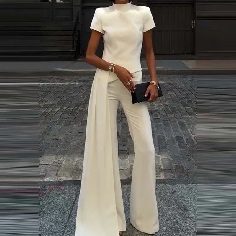 Women Elegant Commuting 2Pc Suit Fashion Stand Collar Solid Color Irregular Set Casual Short Sleeve Pullover Long Pant Outfits 250920