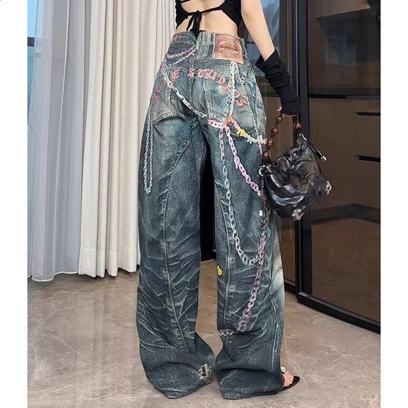 Hiphop Chain Print Jeans Women American Vintage High Street Punk Denim Pants Jazz Inspired Loose Harajuku Y2K Lazy Trousers 250920