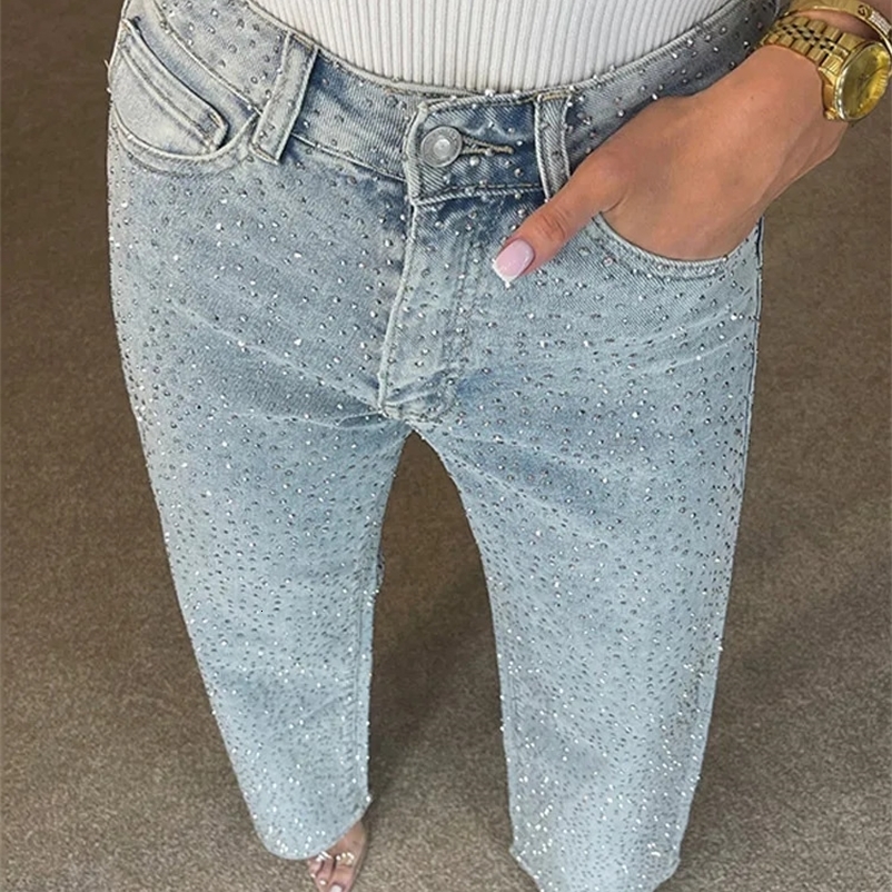 Y2k Women Shiny Rhinestone Denim Pants Wide Leg Straight Full Diamond Jeans for Female Dragging High Street Outwear Trousers 250920