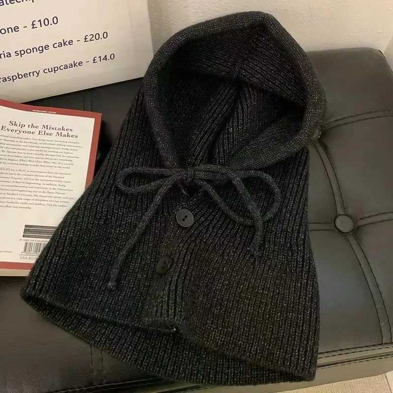 Korea Winter Hats and Scarf Set with Botton Scarf Balaclava Hat Warm Neck Set Wen Knitted Wool Pr Hat Gothic Y2k Y250920