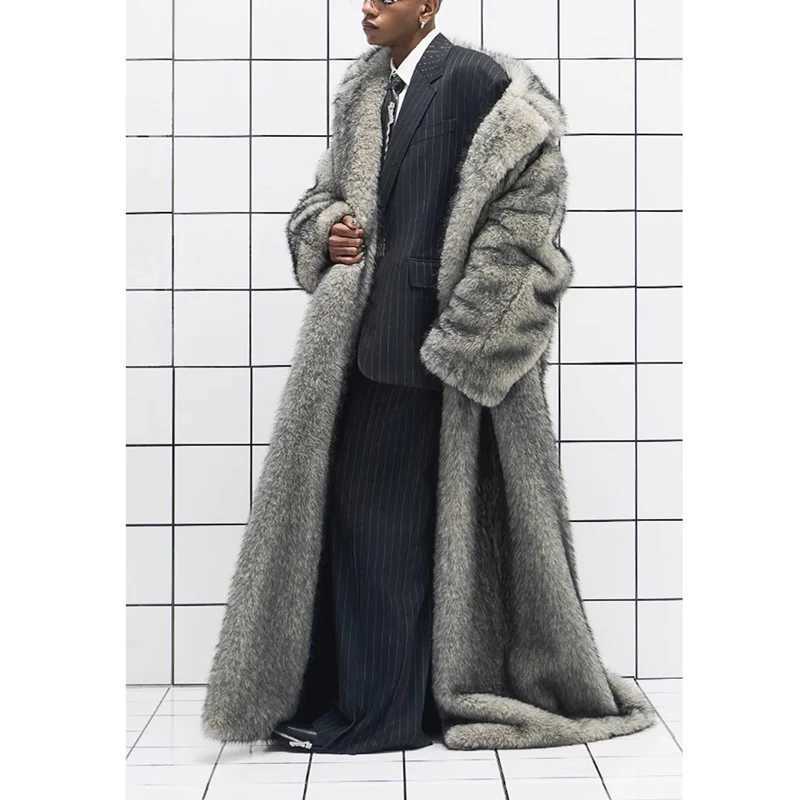 New mens fur coat fox fur lapels long trendy overcoat winter windproof and warm trench coat large size W250920