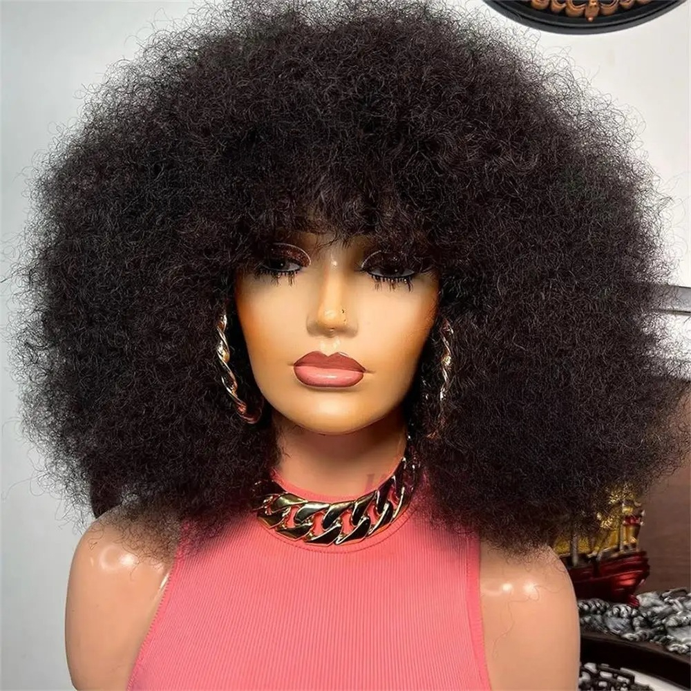 300 Density Glueless Wig Human Hair Afro Kinky Curly Wig With Bangs 360 HD Transparent Lace Front Wig Wear And Go High Density Brazilian Hair