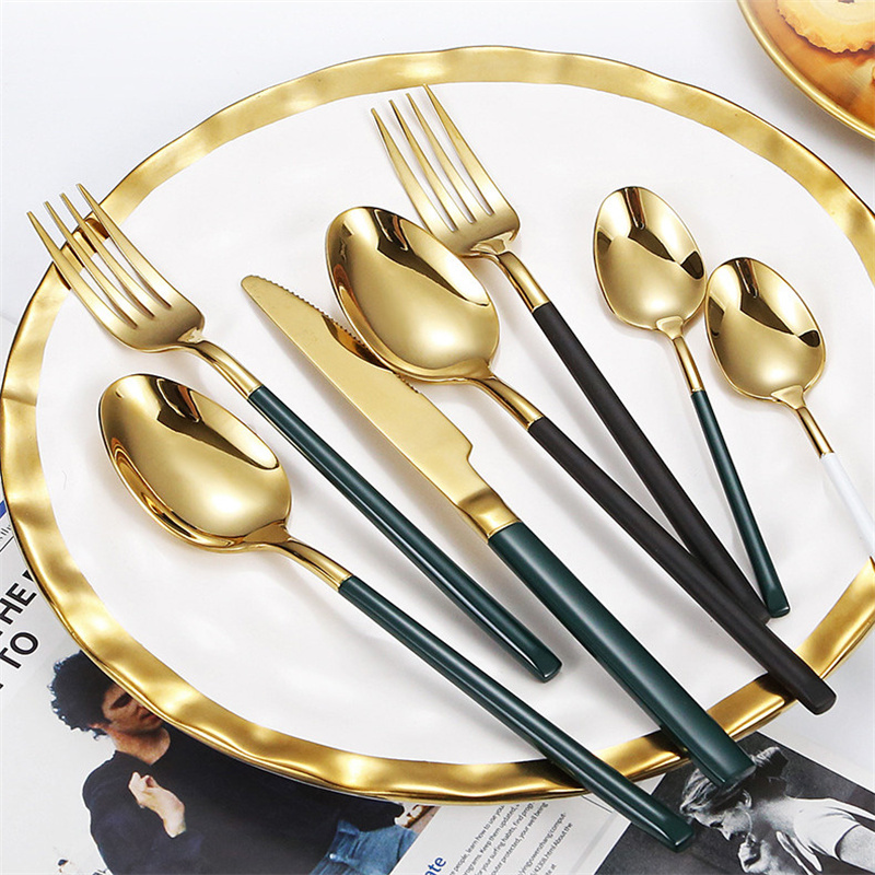 Silver Gold Flatware Set Stainless Steel Cutlery Handle White Black Green Tableware