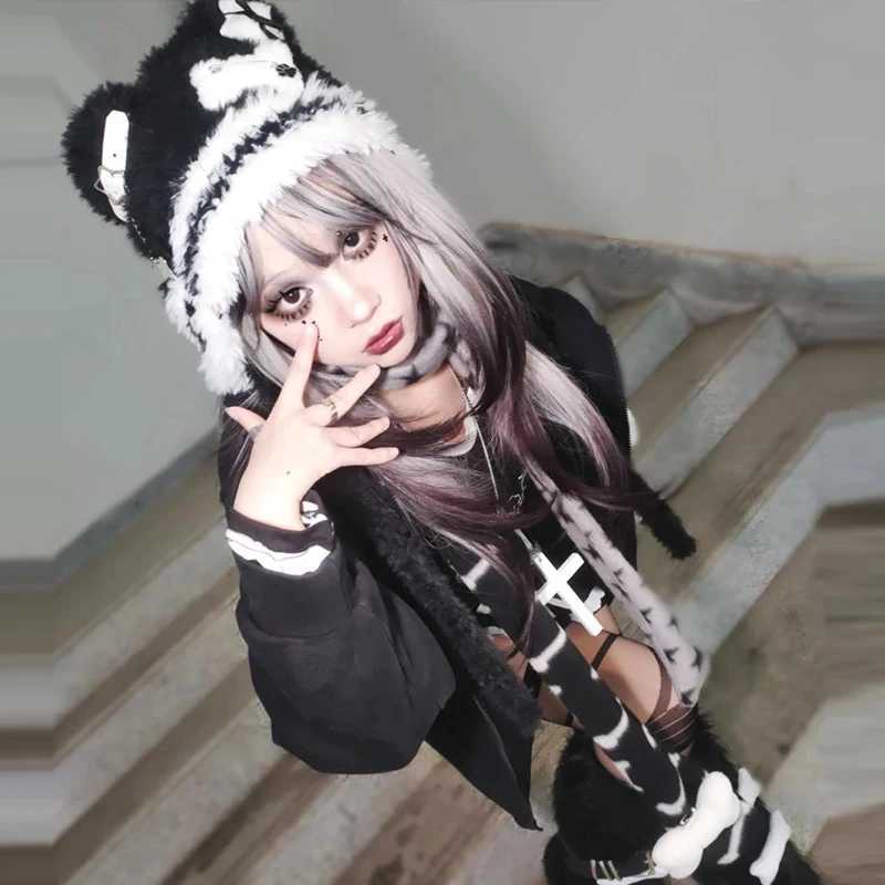 Wens Gothic Harajuku Punk Lolita Y2k Spicy Girls Subcture Bear Hat Cute Little Bone Cross Star Wings Wool Hats Y250920