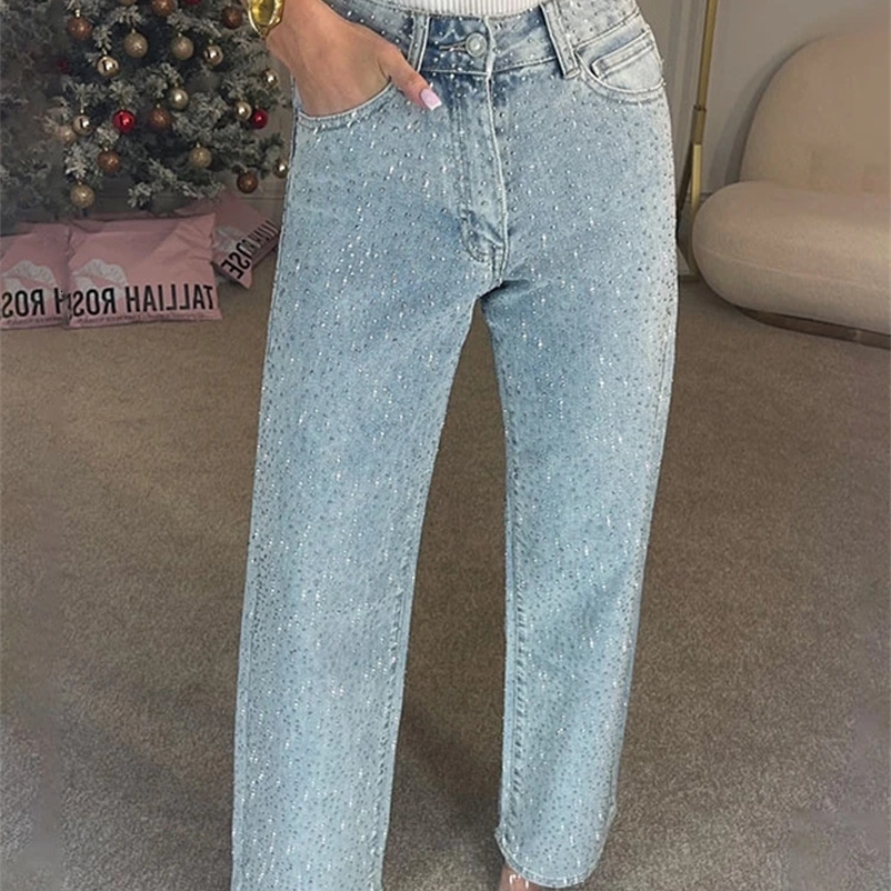 Y2k Women Shiny Rhinestone Denim Pants Wide Leg Straight Full Diamond Jeans for Female Dragging High Street Outwear Trousers 250920