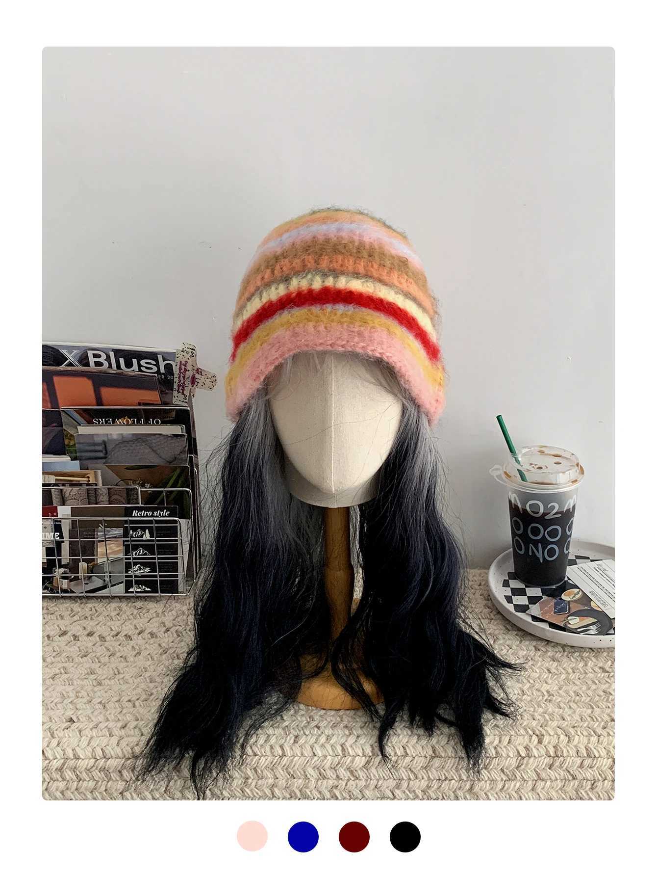 Niche Handmade Knitted Stripesd Mohair Fisherman Hat Wen Autumn and Winter Retro Warm and Cute FaceShowing Small Woolen Hat Y250920