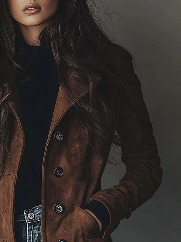 Elegant Suede Long Trench Women Coat Vintage Pocket Single Breasted Sleeve Outerwear Windbreaker Fall Outdoor Female Jacket 250920