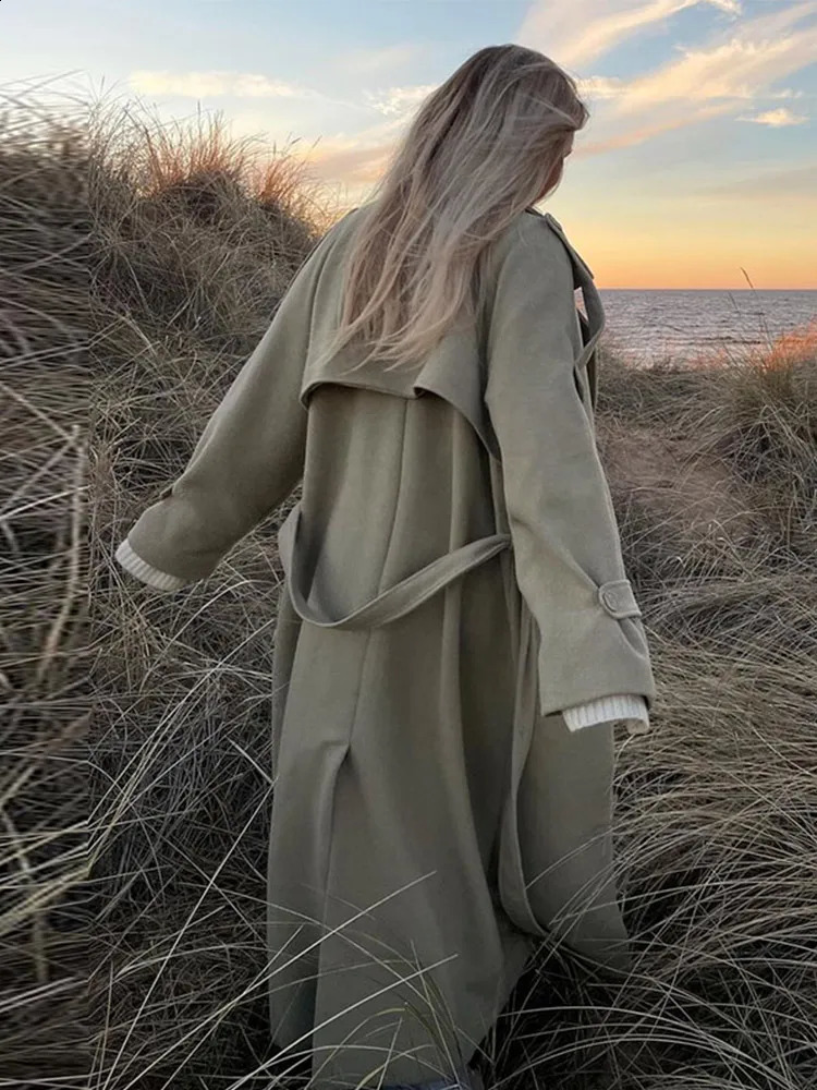 Womens Wool Blend Maxi Dress Coat Oversized Cape Lapel Belted Chic Outerwear Loose Thin Autumn Winter Fashion Streetwear y250919