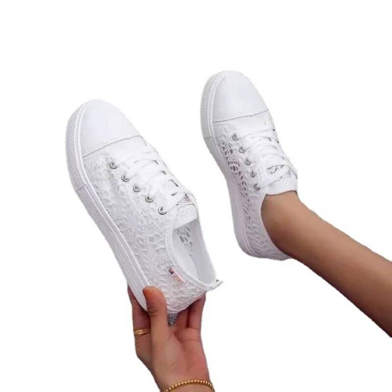 Women 2023 Fashion Summer Casual White Cutouts Lace Hollow Breathable Platform Flat Shoes Woman Sneakers ddmypanda