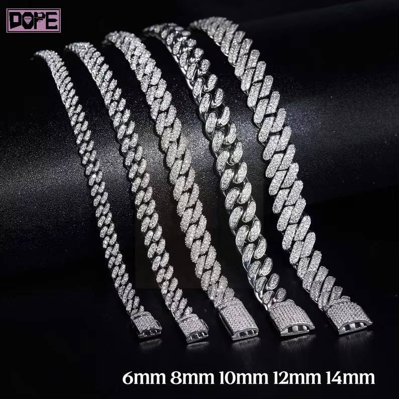 Hiphop VVS Moissanite Chain 925 Sterling Silver Iced Out Necklace 6mm Gold Plated Moissanite Miami Cuban Chain