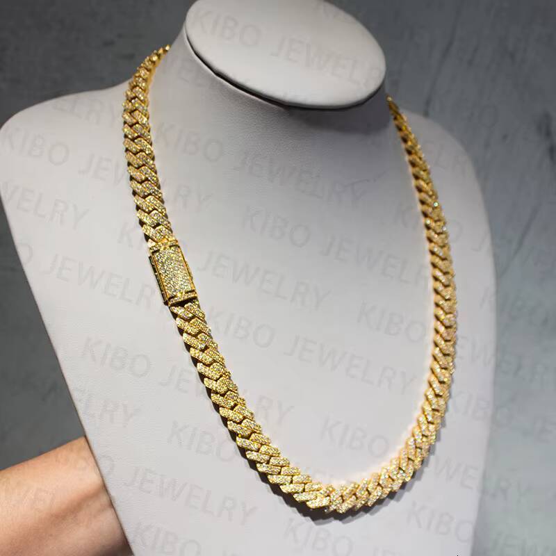 Iced Out Hip Hop Rapper Necklace Jewelry VVS 10K Solid Gold 12mm Black LAB Grown Diamond Cuban Link Chains