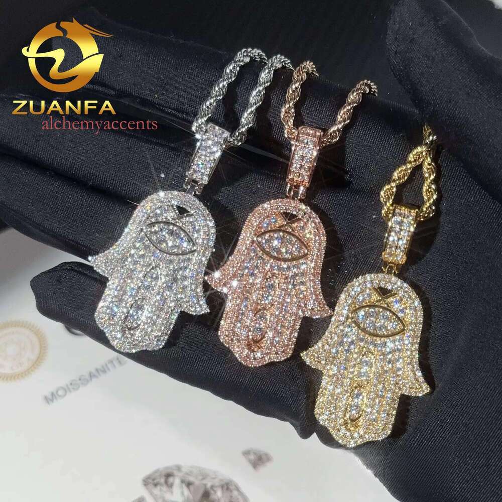 Ready to Ship Hip Hop Jewelry Hamsa Iced Out Sterling Sier Moissanite Pendant With Rope Chain for Men