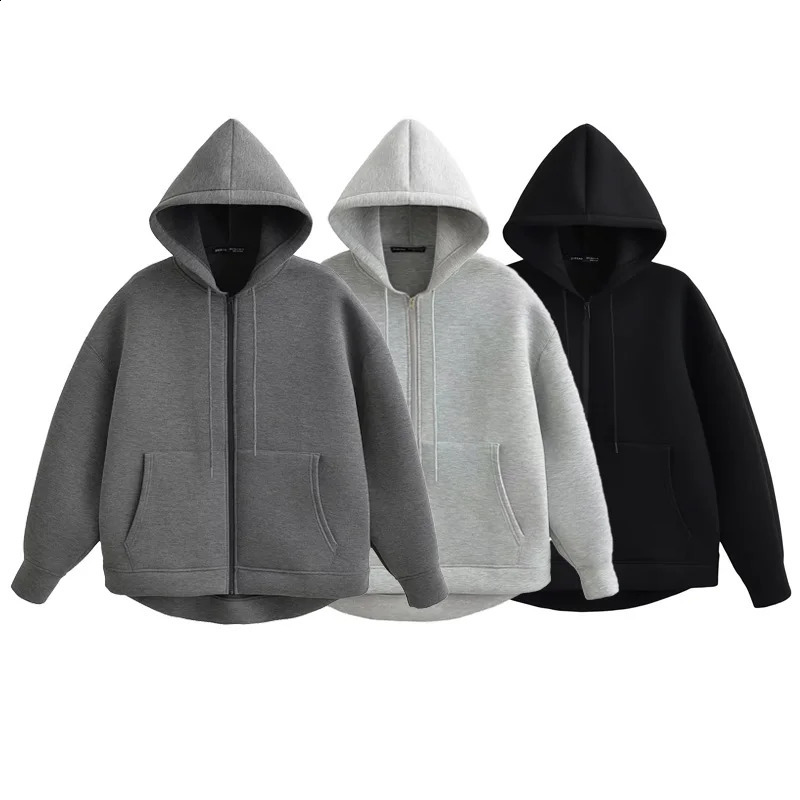 HXAO Hoodie Woman Outerwears Long Sleeve DemiSeason Women Jacket Coat Casual Sweatshirt With Zipper Grey Black Coats 250923