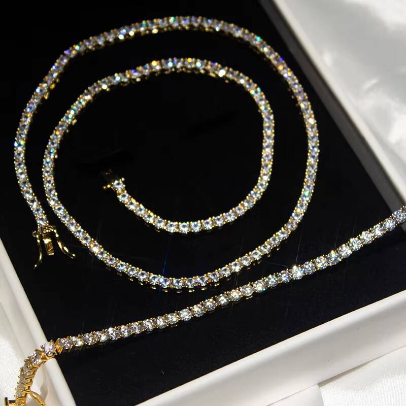 Hot Sale Moissanite Tennis Chain 925 Silver Gold Plated Mossinate 4mm Tennis Chain Moissanite