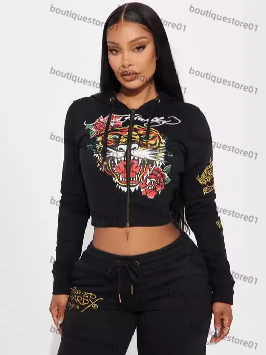 Ed Hardytracksuit Women Tracksuits Edhardypants Tracksuit Two Piece Set Outfits Strapless Casual Printed Pants Y2k Straight Trousers Street Zipper Hooded e5c