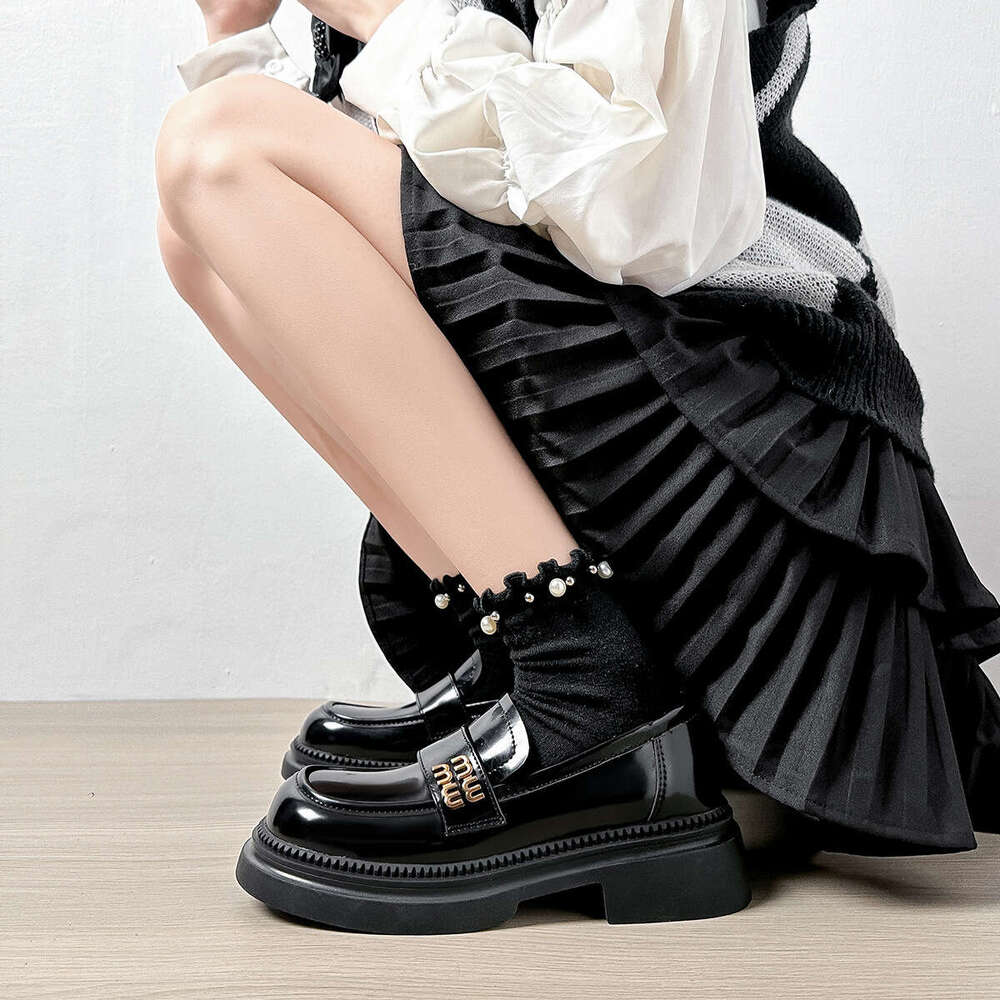 Weiwei Girl 969-5 Thick-Soled Loafers for Women, Slip-On British Style, Small Leather with Chunky Heels, Black Single Shoes